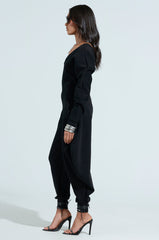 COMFY COZY SWEATSHIRT JUMPSUIT IN BLACK