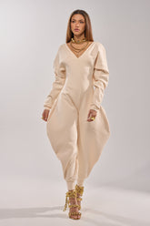COMFY COZY SWEATSHIRT JUMPSUIT IN BONE