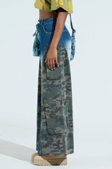 CADET CRAZY CAMO AND DENIM WIDE LEG PANT