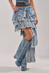 DISTRESSED TIERED ASYMMETRIC MIDI SKIRT