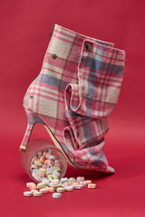 AZALEA WANG BIRD SONG PINK PLAID MULTI OPEN TOE SNAP BOOTIE