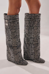AZALEA WANG CAPRICORN RHINESTONE SNAKE PATTERN WEDGE FOLD OVER BOOT
