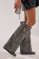 AZALEA WANG CAPRICORN RHINESTONE SNAKE PATTERN WEDGE FOLD OVER BOOT