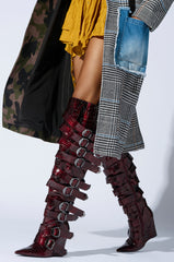 AZALEA WANG CINZIA RED WEDGE BOOT WITH BUCKLE DETAIL