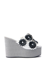 AZALEA WANG FREA WHITE AND BLACK STRIPED FLORAL WEDGE SANDAL
