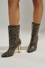 AZALEA WANG GREHGAN BLACK EMBELLISHED CHUNKY HEEL BOOTIE