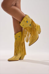 AZALEA WANG GREYSON YELLOW RHINESTONE EMBELLISHED WESTERN BOOTIE