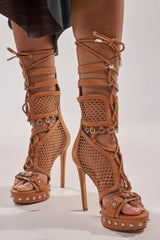 AZALEA WANG ISARIA TAN STUD EMBELLISHED GLADIATOR PLATFORM STILETTO