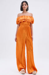BYE BYE WINTER BLUES OFF THE SHOULDER SATIN JUMPSUIT