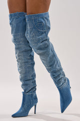 AZALEA WANG JEANNI DENIM SPLATTER PAINTED STILETTO BOOT