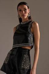 DANCE THE NIGHT AWAY FAUX LEATHER RHINESTONE BLOUSE