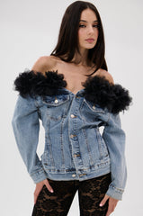DANA OFF THE SHOULDER RUFFLE DETAIL DENIM TOP