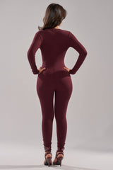 DEEP V LONG SLEEVE JUMPSUIT IN RAISIN