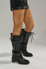 AZALEA WANG MAKAR BLACK CROC LACE UP DETAIL BOOT