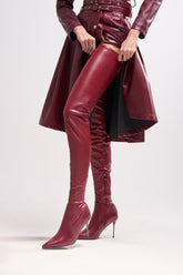 AZALEA WANG MILANDRA BURGUNDY STRETCH PU THIGH HIGH BOOT