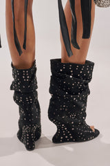 AZALEA WANG NAOMANI FAUX SUEDE BLACK STUDDED OPEN TOE BOOTIE