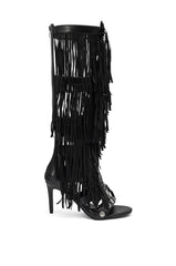 AZALEA WANG SAMEYANA BLACK FRINGE AND METAL STILETTO GLADIATOR SANDAL