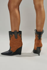 AZALEA WANG TALLULAH COGNAC WEDGE WESTERN BOOTIE