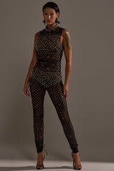 COULD NEVER BE ME BEADED MESH JUMPSUIT