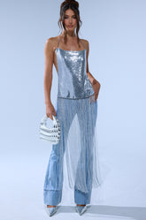 ONLY THINK ABOUT YOU SILVER RHINESTONE FRINGE TOP