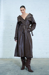 AU REVOIR FAUX LEATHER TRENCH IN BROWN