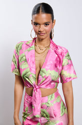 CATCH ME IN MIAMI PRINTED SATIN SHIRT