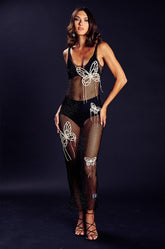 CAUGHT IN THE NET MESH RHINESTONE BUTTERFLY MAXI DRESS