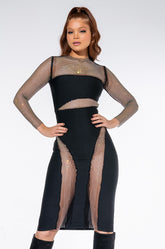 DRESS TO IMPRESS BANDAGE MIDI DRESS WITH RHINESTONE MESH