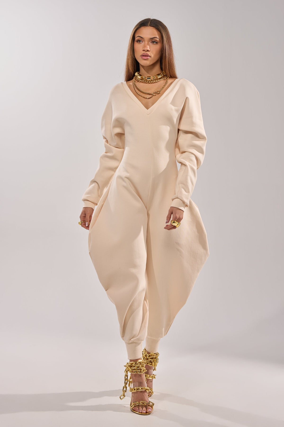 COMFY COZY SWEATSHIRT JUMPSUIT IN BONE