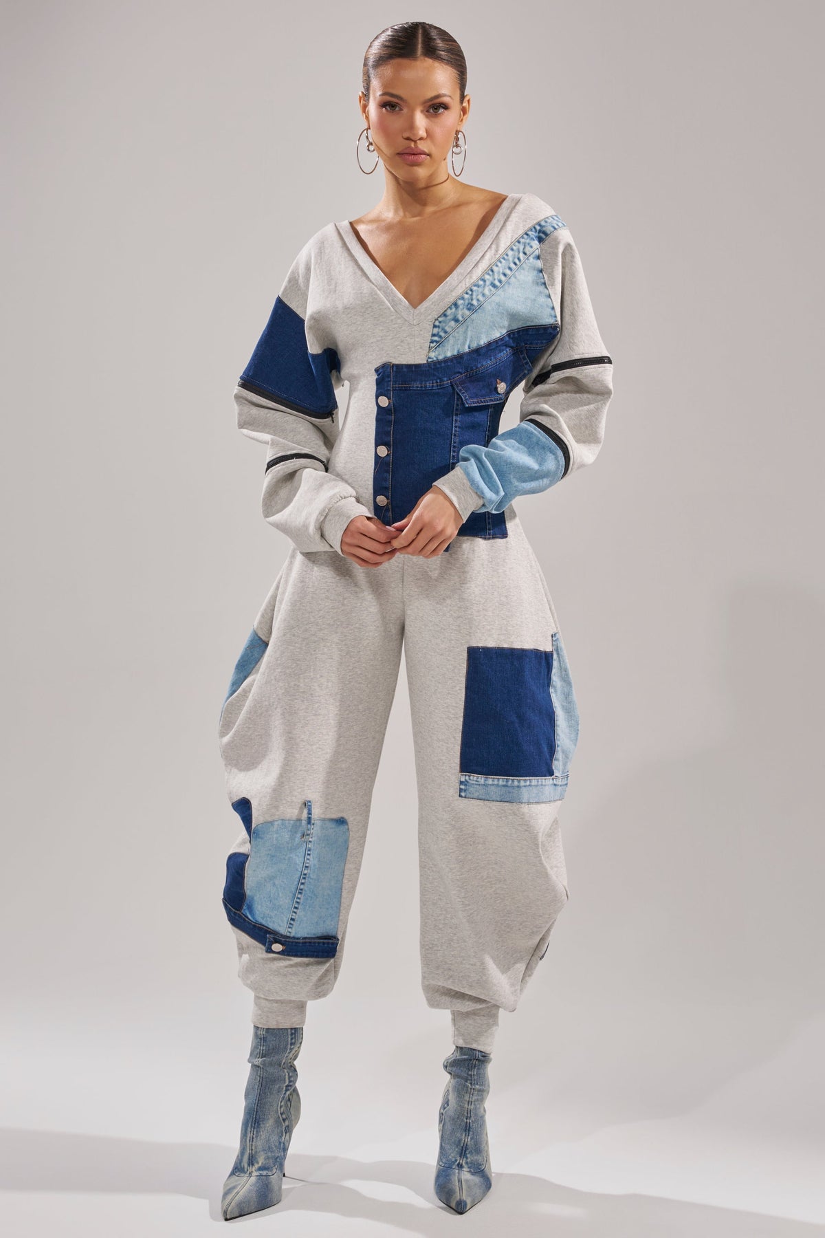 COMFY COZY SWEATSHIRT JUMPSUIT IN PATCHWORK DENIM
