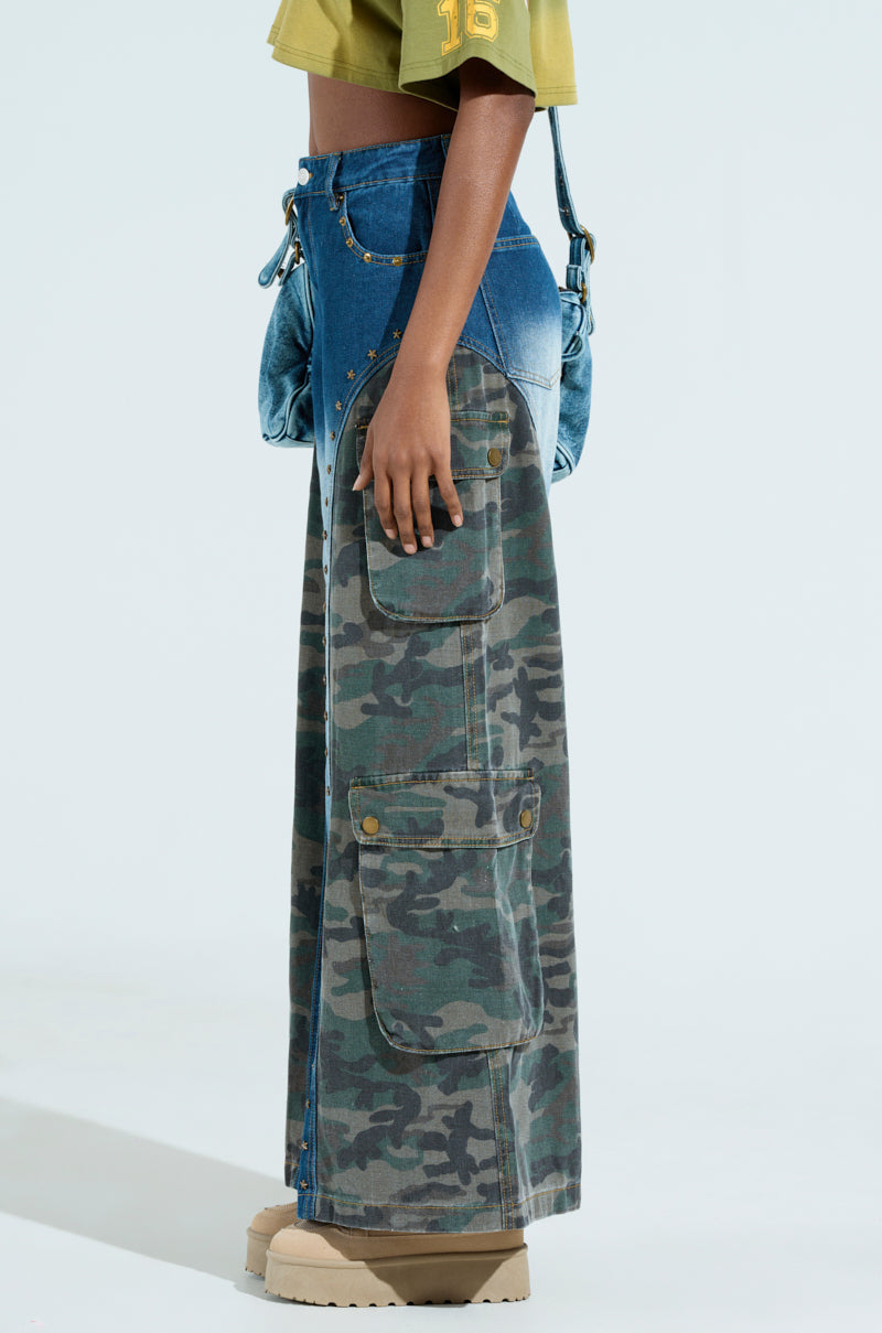 CADET CRAZY CAMO AND DENIM WIDE LEG PANT