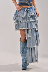 DISTRESSED TIERED ASYMMETRIC MIDI SKIRT