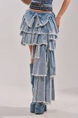 DISTRESSED TIERED ASYMMETRIC MIDI SKIRT