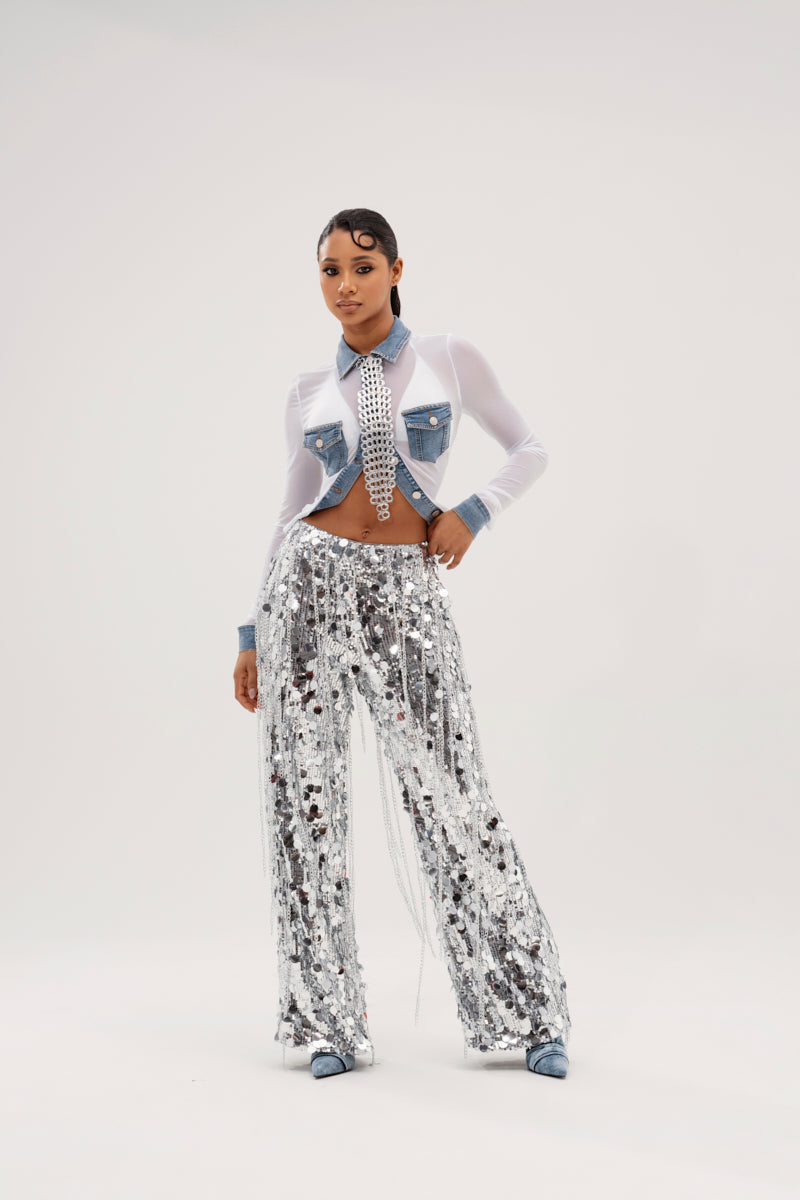 EXPENSIVE TASTE STRETCHY SEQUIN CHAIN PANTS