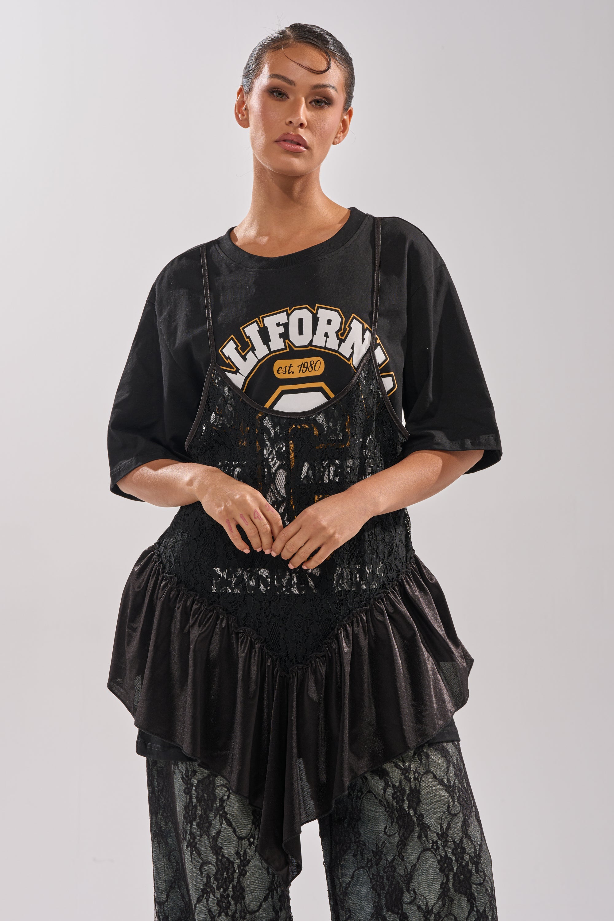 BEVERLY HILLS DIVA LACE OVERLAY TEE