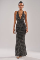 DRESSED UP WITH NOWHERE TO GO RHINESTONE MAXI DRESS