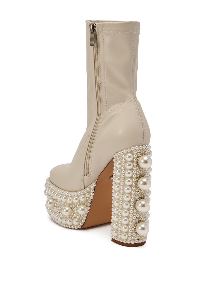 AZALEA WANG ANTARIS BEIGE PEARL DETAIL PLATFORM BOOTIE