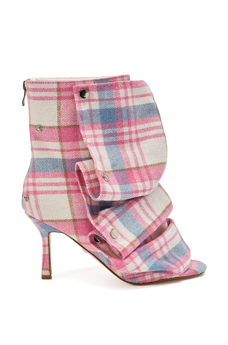 AZALEA WANG BIRD SONG PINK PLAID MULTI OPEN TOE SNAP BOOTIE