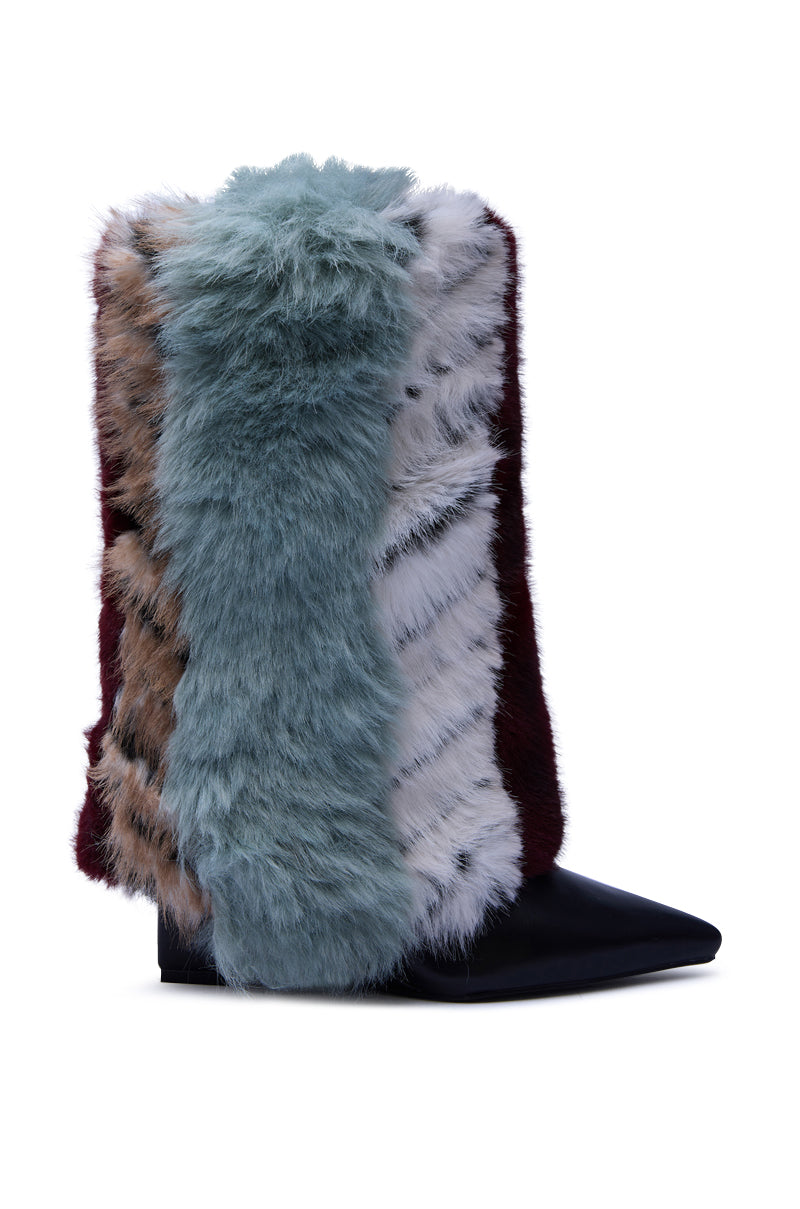 AZALEA WANG BRIASH BLUE MULTI FUR HIDDEN WEDGE BOOTIE
