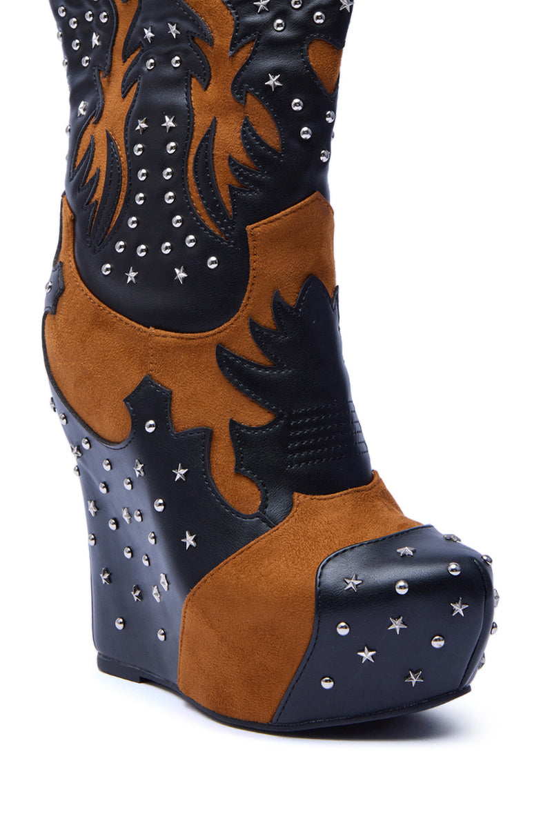 AZALEA WANG CALLIA BLACK MULTI WESTERN WEDGE BOOTIE