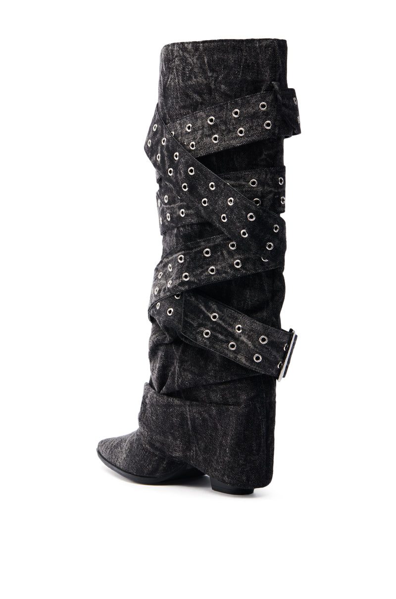 CENSORED BLACK DENIM BELTED CHUNKY BOOT