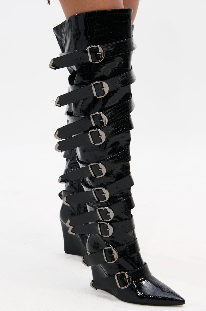 AZALEA WANG CINZIA BLACK CROC BUCKLE WEDGE BOOT