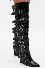 AZALEA WANG CINZIA BLACK CROC BUCKLE WEDGE BOOT