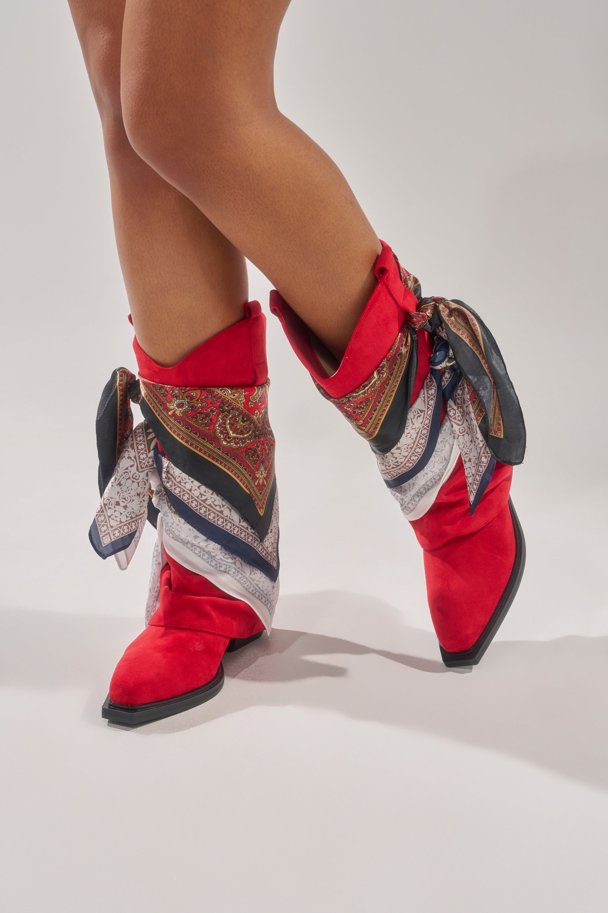 AZALEA WANG COBALT RED FAUX SUEDE SCARF EMBELLISHED WESTERN BOOTIE