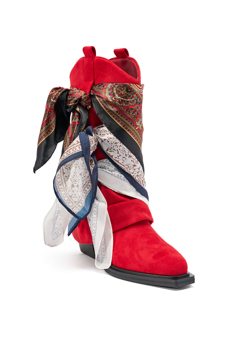AZALEA WANG COBALT RED FAUX SUEDE SCARF EMBELLISHED WESTERN BOOTIE