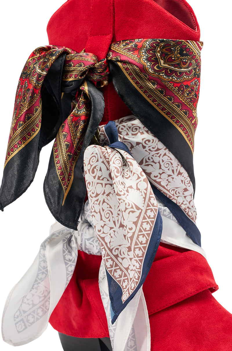 AZALEA WANG COBALT RED FAUX SUEDE SCARF EMBELLISHED WESTERN BOOTIE