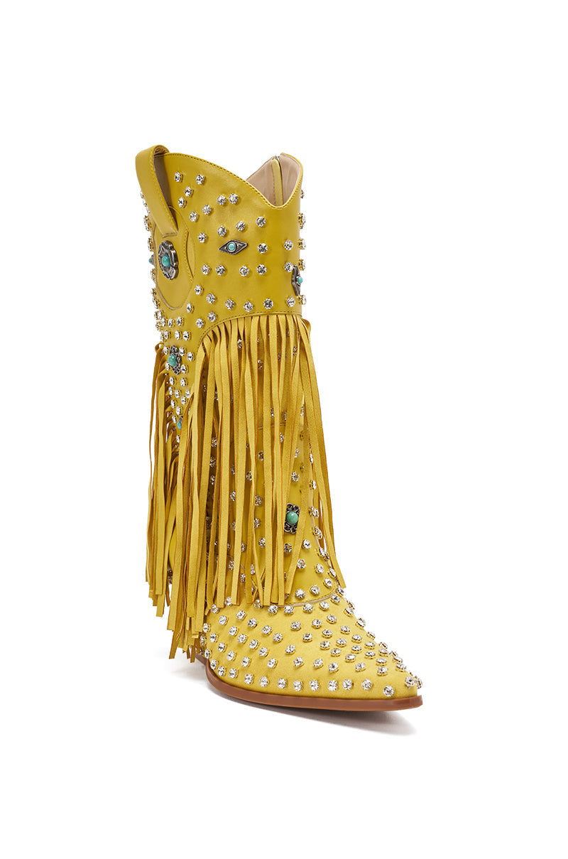 AZALEA WANG GREYSON YELLOW RHINESTONE EMBELLISHED WESTERN BOOTIE