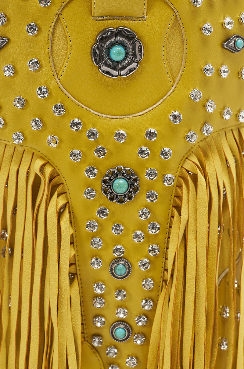 AZALEA WANG GREYSON YELLOW RHINESTONE EMBELLISHED WESTERN BOOTIE