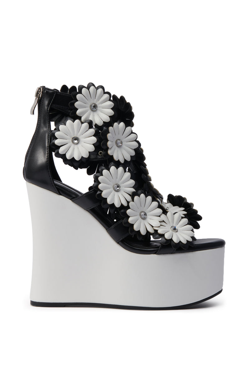 AZALEA WANG FLOWER EMBELLISHED WEDGE SANDAL IN BLACK
