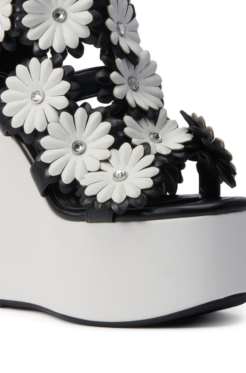 AZALEA WANG FLOWER EMBELLISHED WEDGE SANDAL IN BLACK